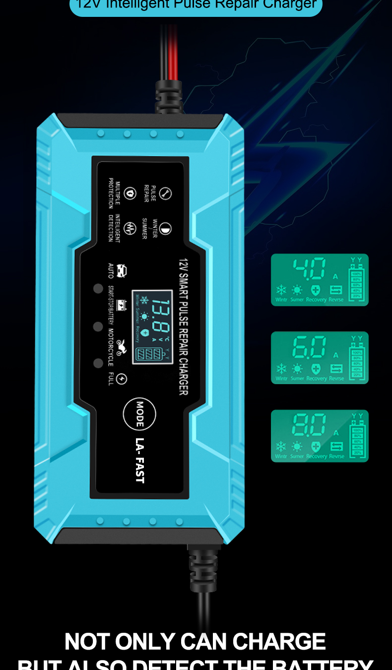 FCP 12V 4AH-100AH Battery Pulse Repair Maintainer Trickle Charger for Gel AGL Battery Motorcycle/Scooter FCP Function