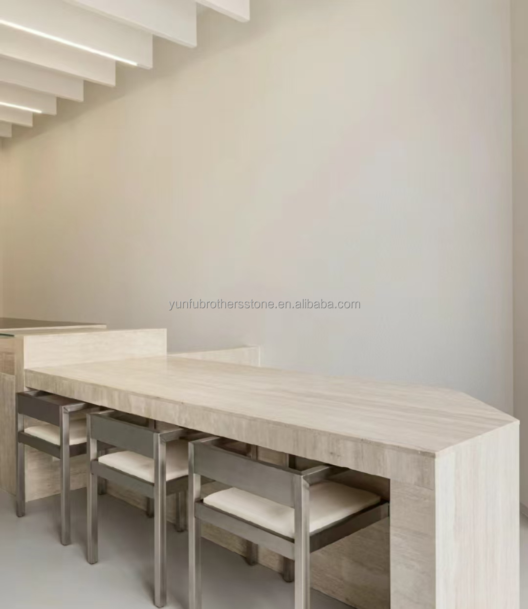 Polished Beige Round Travertine Dining Table Modern Stone Furniture for Living Room