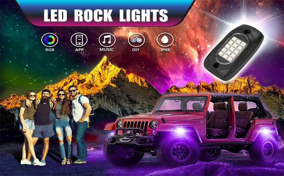 Practical Car RGB Rock Lights Bluetooth Control 120 Degree Lighting Angle