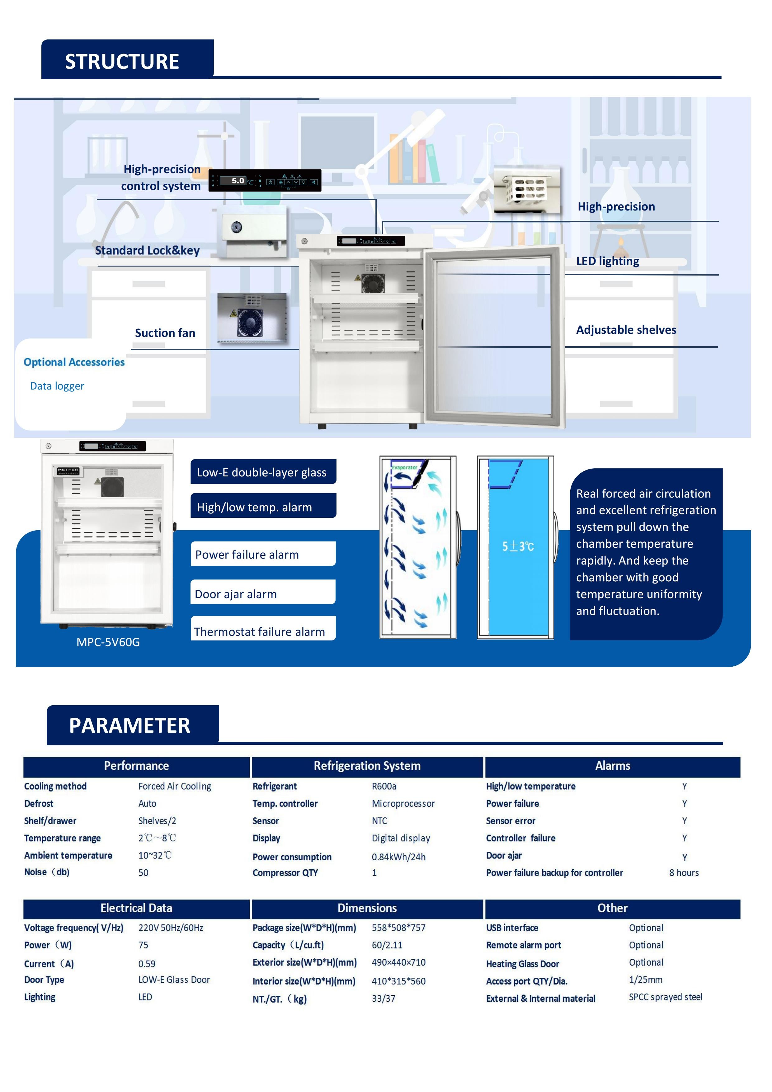 MPC-5V60G Pharmacy Refrigerator 2~8℃ Precise Temperature Control
