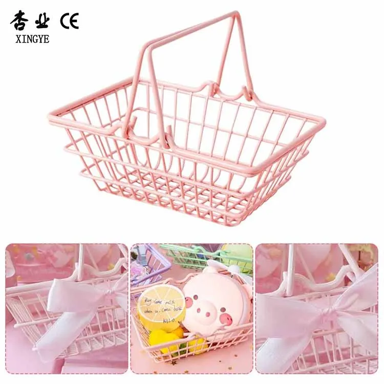 Mini Pink Shopping Baskets Cute Metal Customized Size Shopping Cart