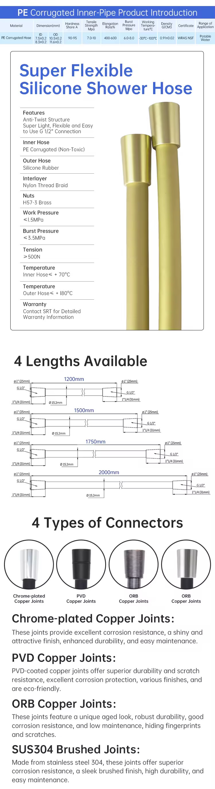 Briskspring Flexible Shower Hose Brushed Gold Silicone