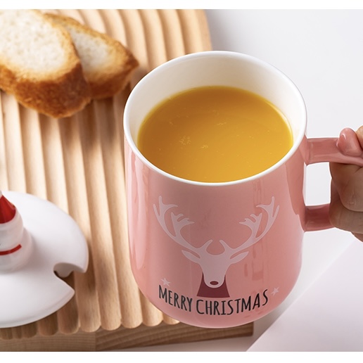 New Festival Mug Christmas Round Santa Claus Lid Stainless Steel Spoon Elk Pattern Ceramic Mug With Cover