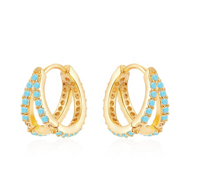 Rhodium Plating Double Turquoise 925 Sterling Silver Cubic Zirconia Earring for Women