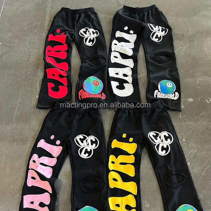 Patch Embroidery French Terry Acid Wash Raw Hem Distressed Flared Sweatpants Regular Fit 100% Cotton