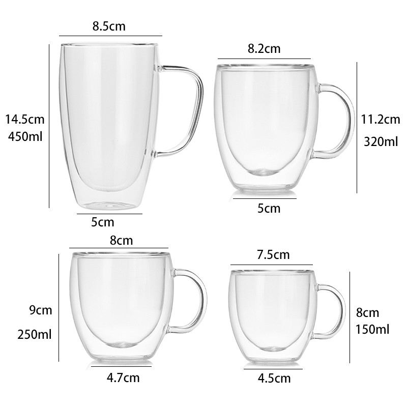 High Borosilicate Glass Double Insulated Coffee Cups With Handles