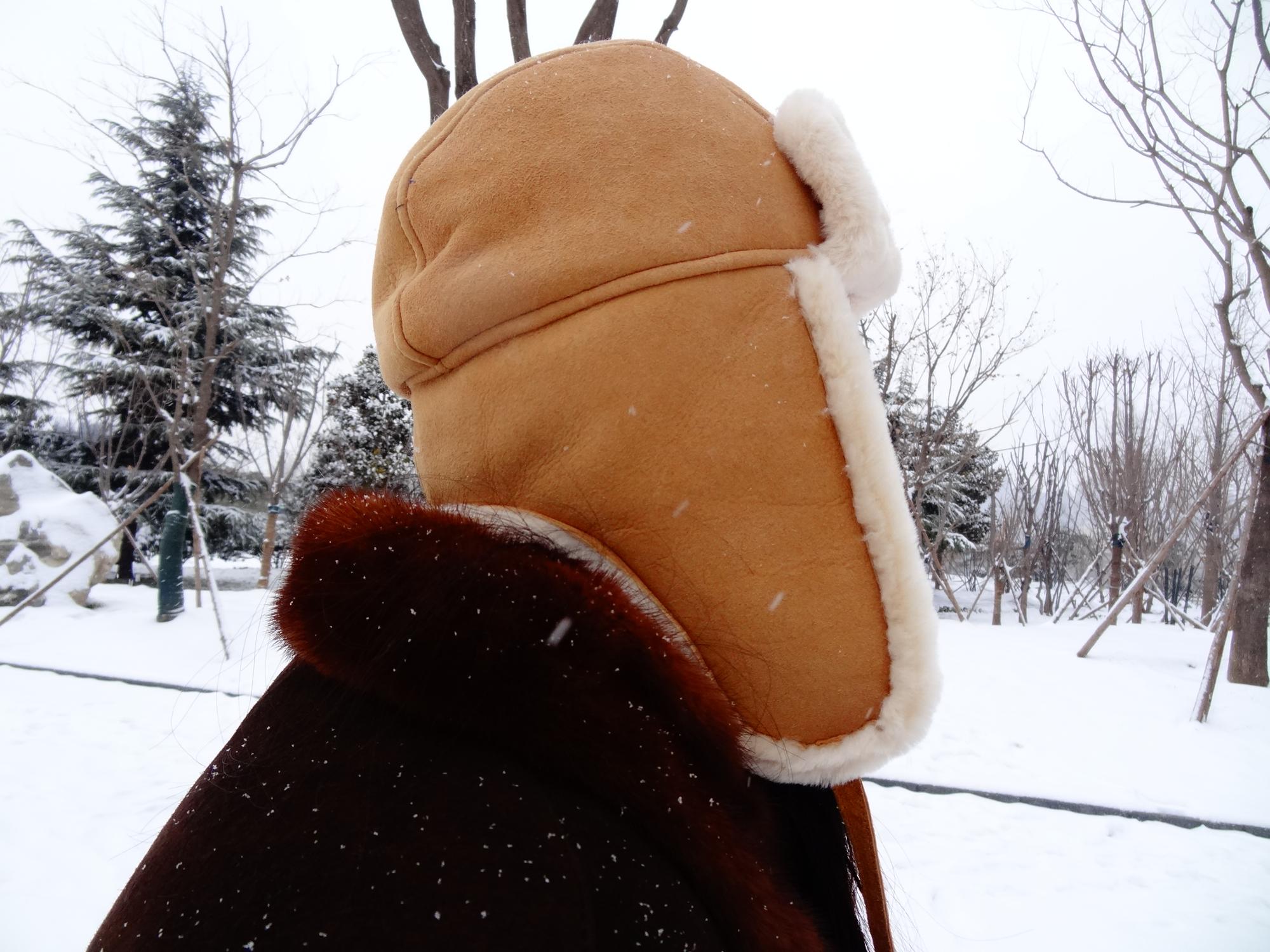 Double Face Genuine Leather Shearling Trapper Hat Plain Fashion Style