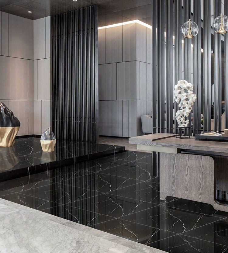 Black Shiny Porcelain Floor Tile with Gold Veins Non Slip and 3D Wall Design