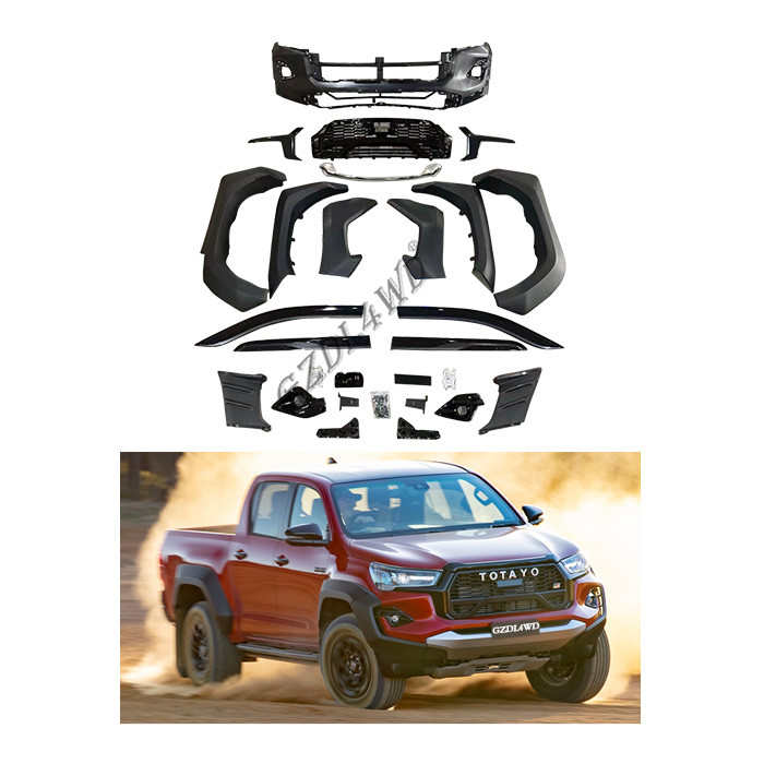 GZDL4WD 4x4 Body Kits Grille Front And Rear Bumper Kits For Hilux 15-21 Modified To Gr Sport 2021+ With Light