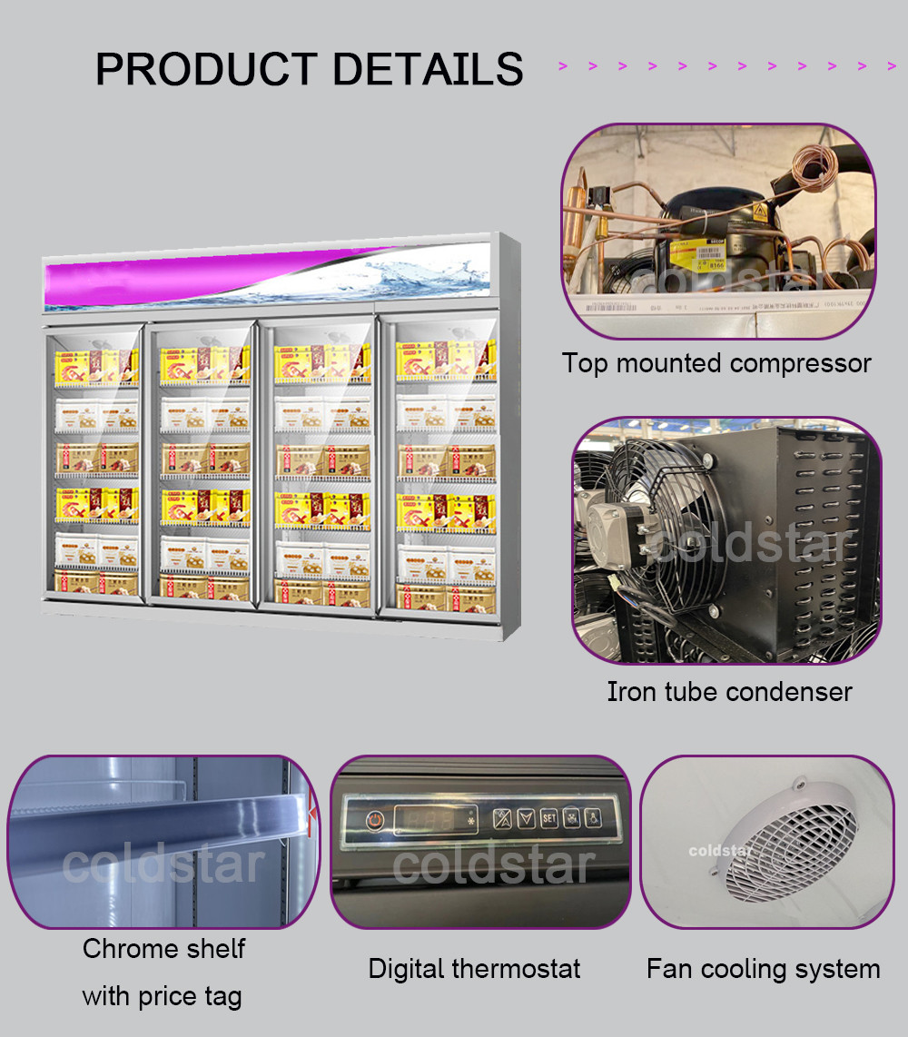 Supermarket Frozen Food 4 Glass Door Industrial Upright Freezer Showcase