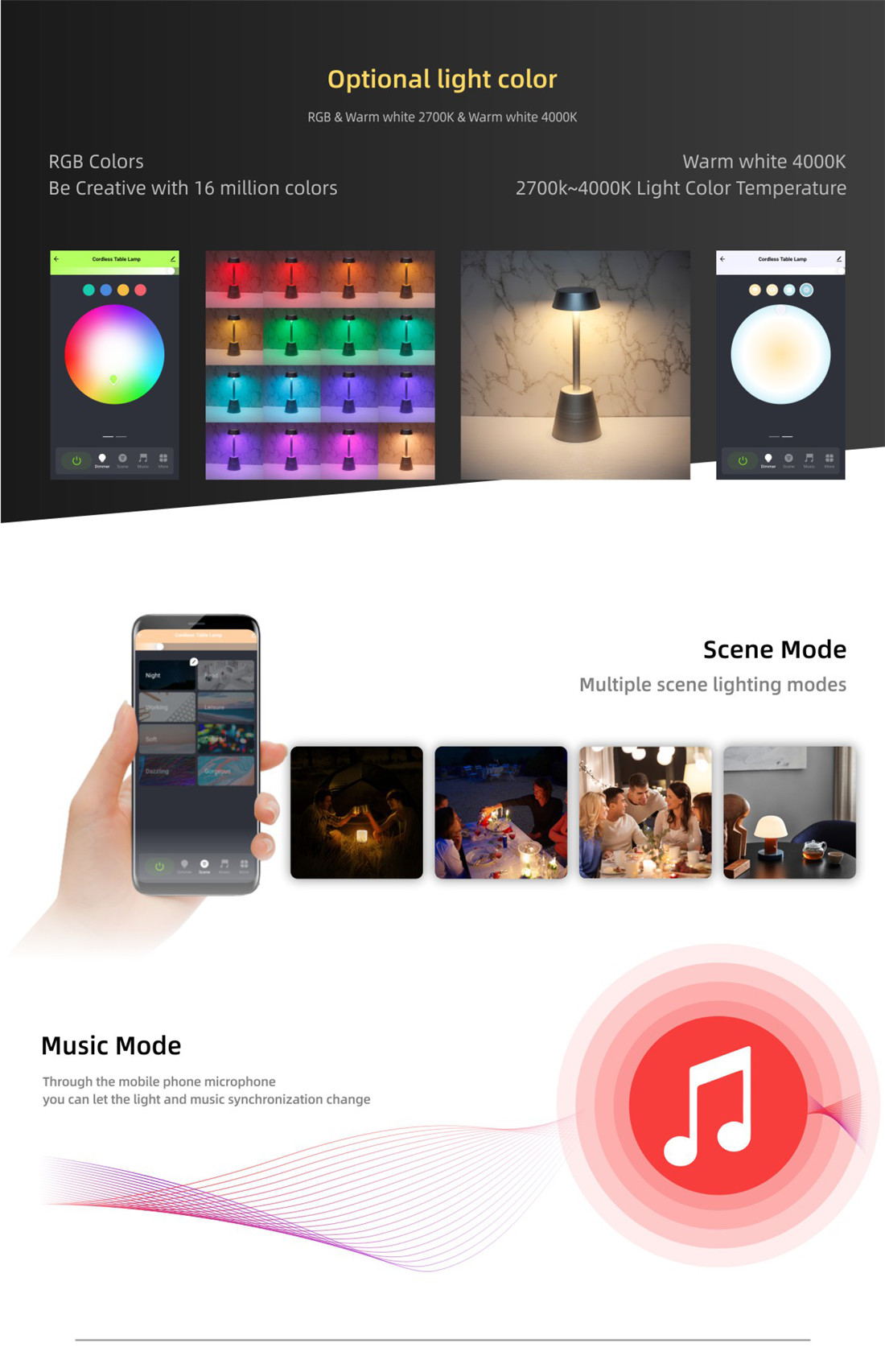 Smart Rechargeable Table Lamp Phonecontrol RGBW Night Light, Portable for Bedrooms, Living Rooms and Office