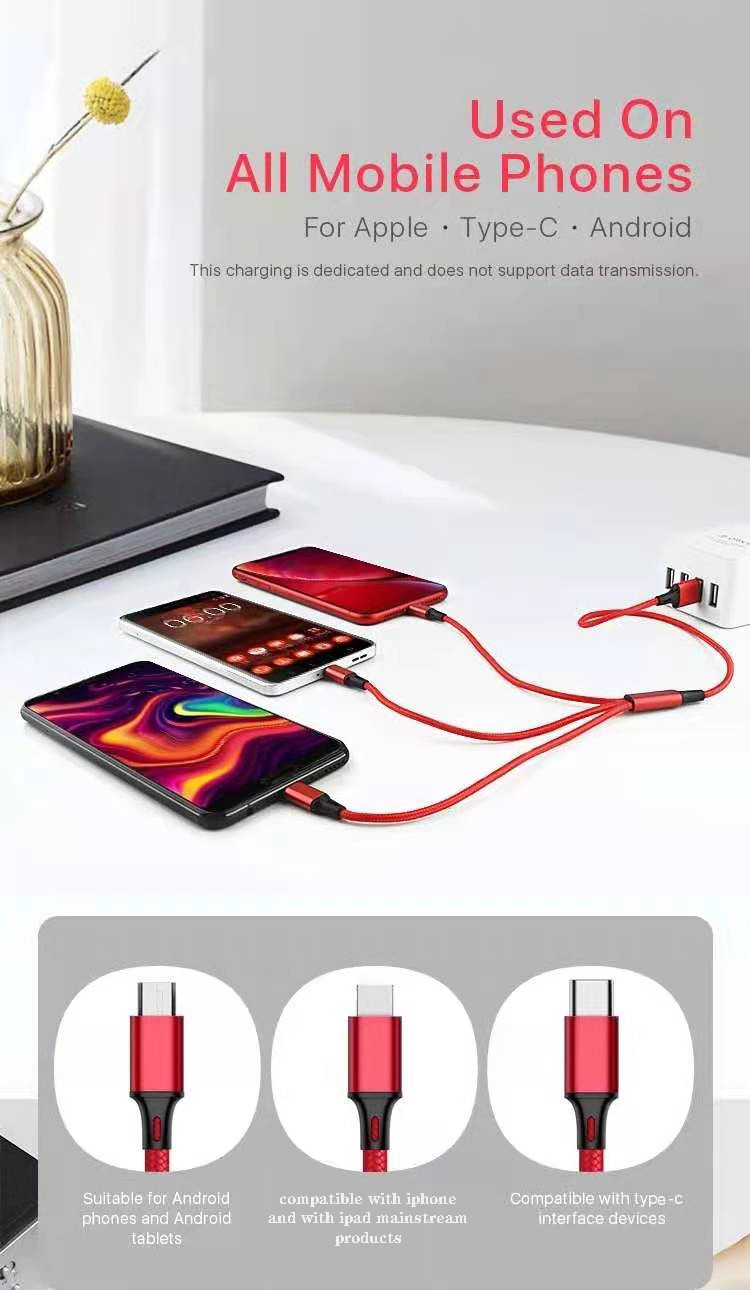 1.2m 3 In 1 USB Charger Cable , Multi Port Micro Lighting USB C Sync And Charge Cable