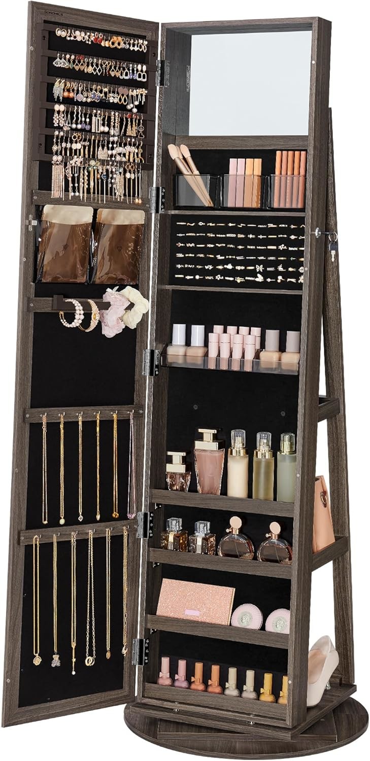 Brown 360° Swivel Jewelry Cabinet Rectangle Standing Mirror With Storage