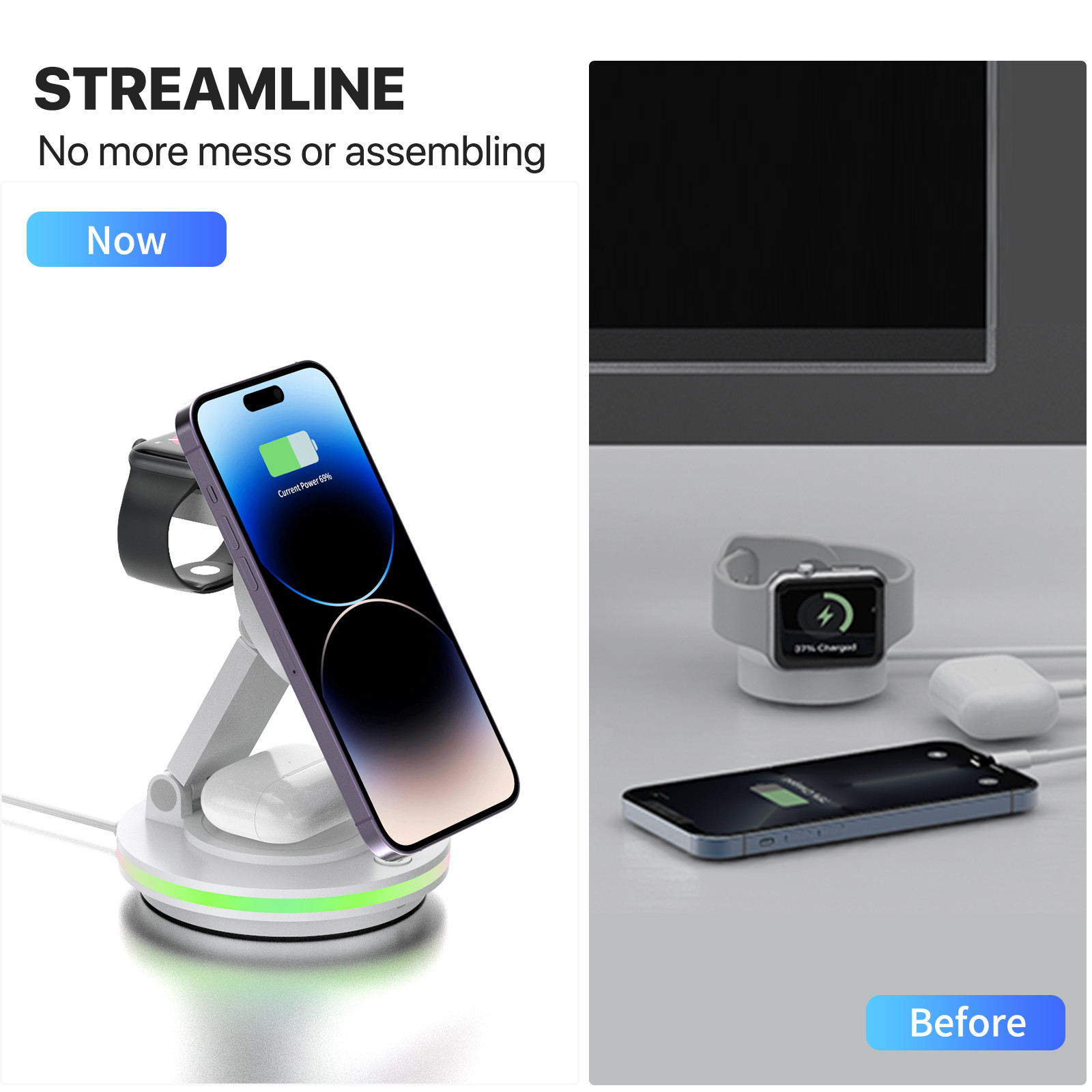Rotable & Foldable wireless magnetic phone charger with LED light