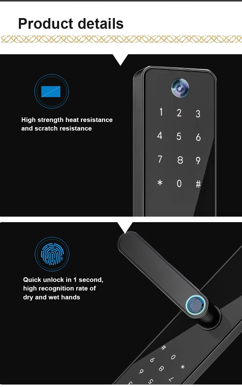 Peephole Camera Smart Front Door Locks TH-505 Black Biometric Code Card Key Tuya Unlock