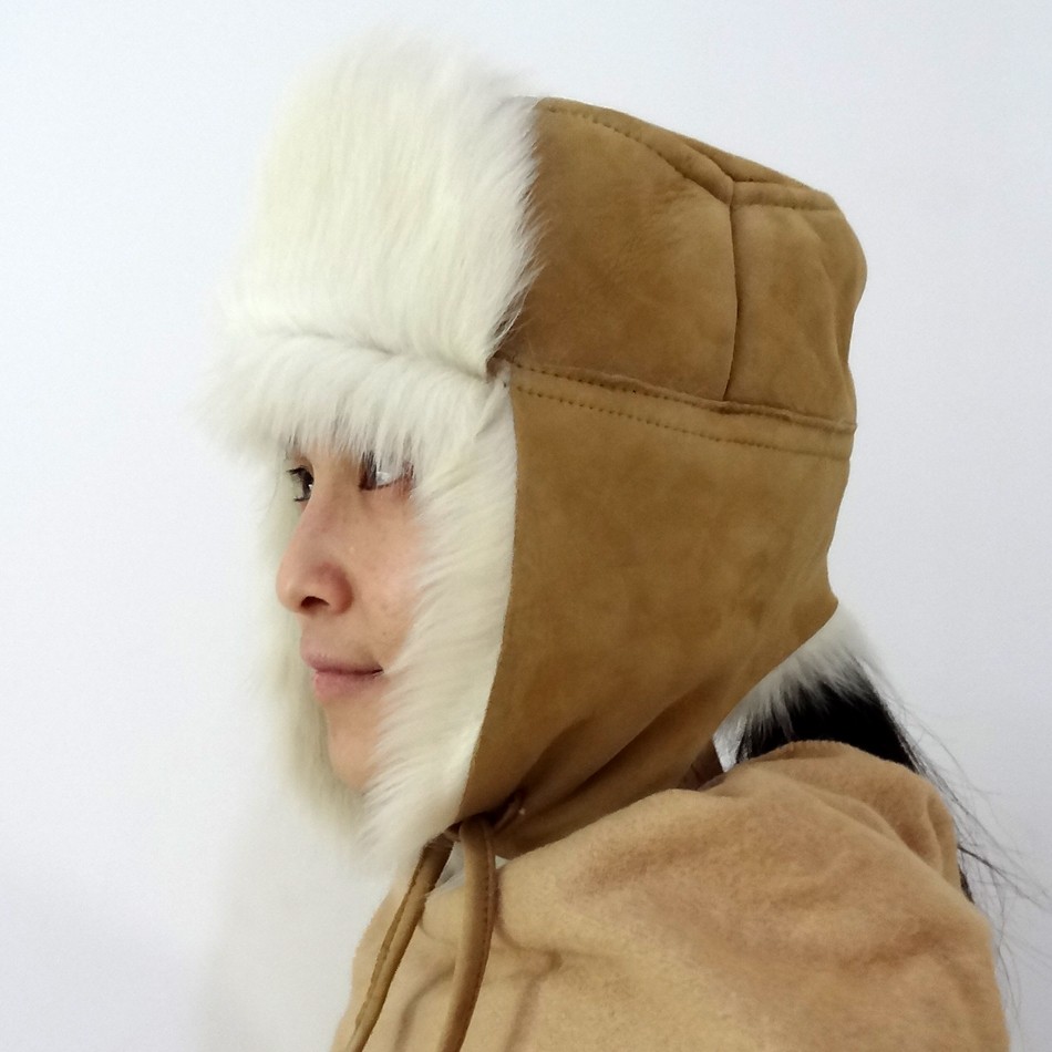 Unisex Top Layer Suede Winter Bomber Hats , Fur Trim Shearling Aviator Hat