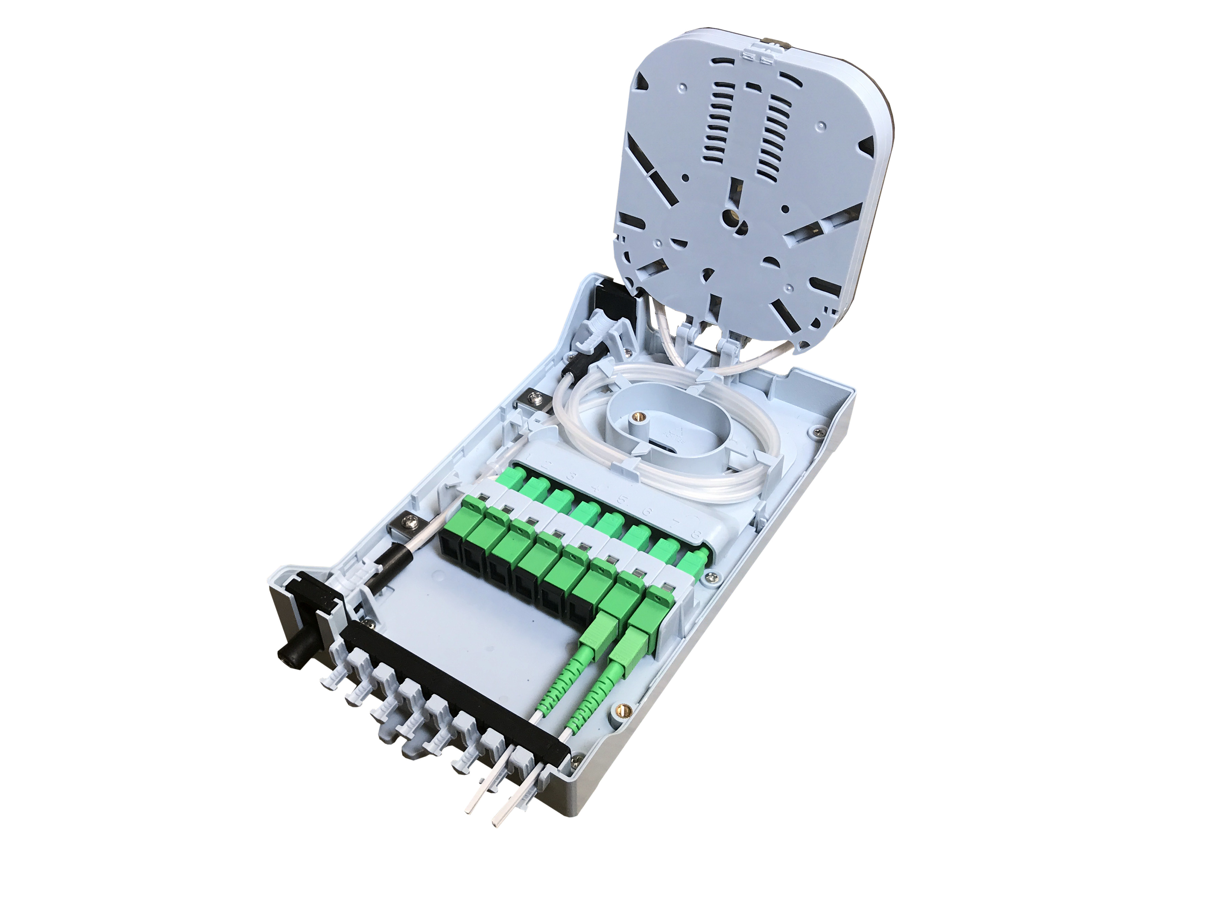 GFS-8ZT-2,fiber distribution box,splitter box,Max Capacity 8 cores,,size 235*126*52mm, Material: PC+ABS,IP 65