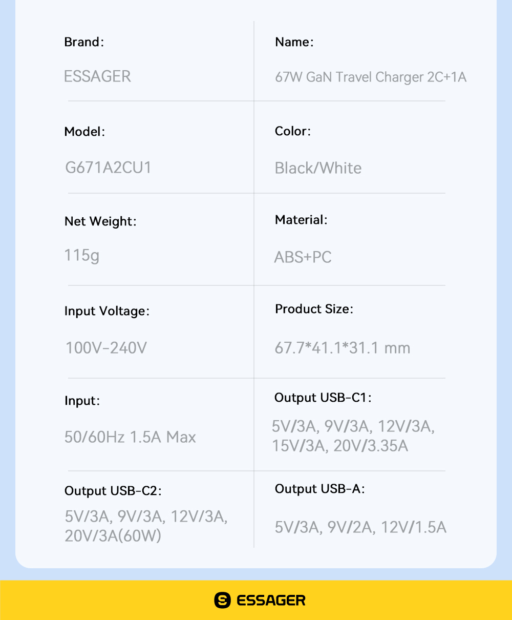 Cell Phone 3 Ports GaN Fast Charger USB C To USB C 67W ESSAGER G671A2CU1 Series