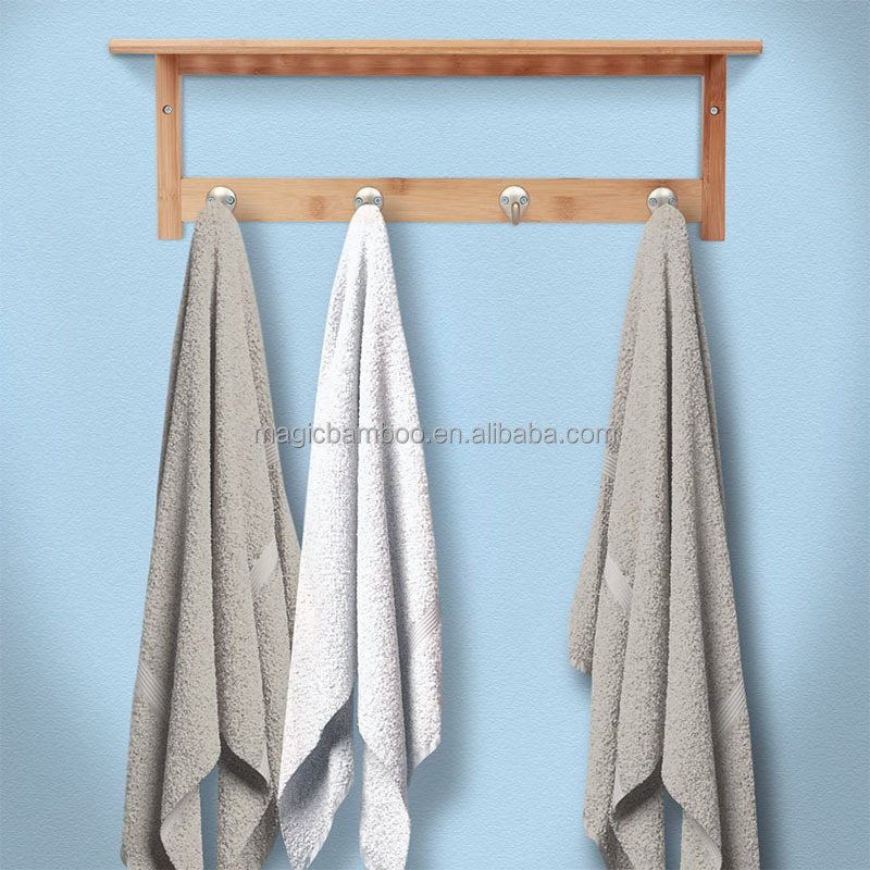 Modern and Functional Solid Bamboo Wooden Bathroom Shelf with 4 Stainless Steel Hooks