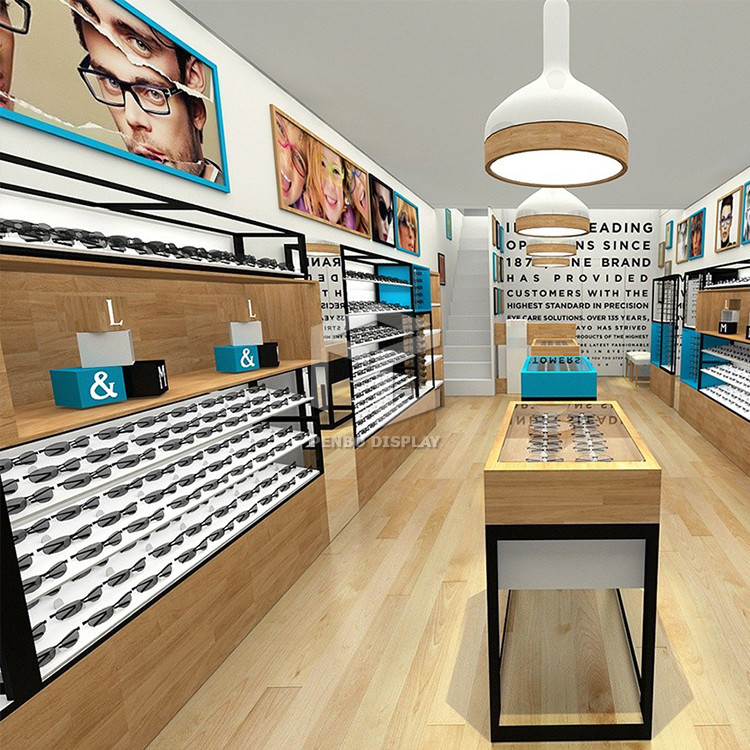 Melamine Board Optical Shop Display Cabinets Rack With T5 LED Lighting