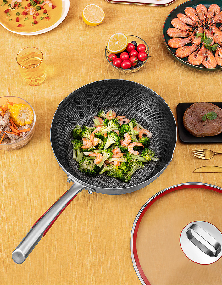 Factory Price 30 Cm Cookware 18/10 Stainless Steel Frypan Non Stick Honeycomb Fry Pans With Stainless Steel Handle