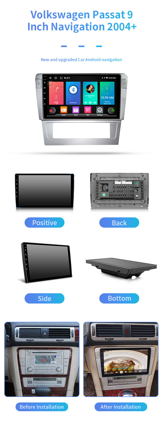 9 Inch Bluetooth Car Navigation 4G 64G HD Real Time Traffic Conditions For Volkswagen Passat 2004+
