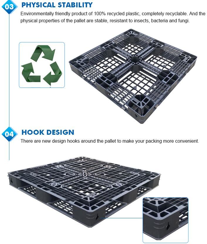 100% Virgin HDPE wear-resistant anti-slip stackable plastic pallet, China Manufacturer accept custom standard stacking p