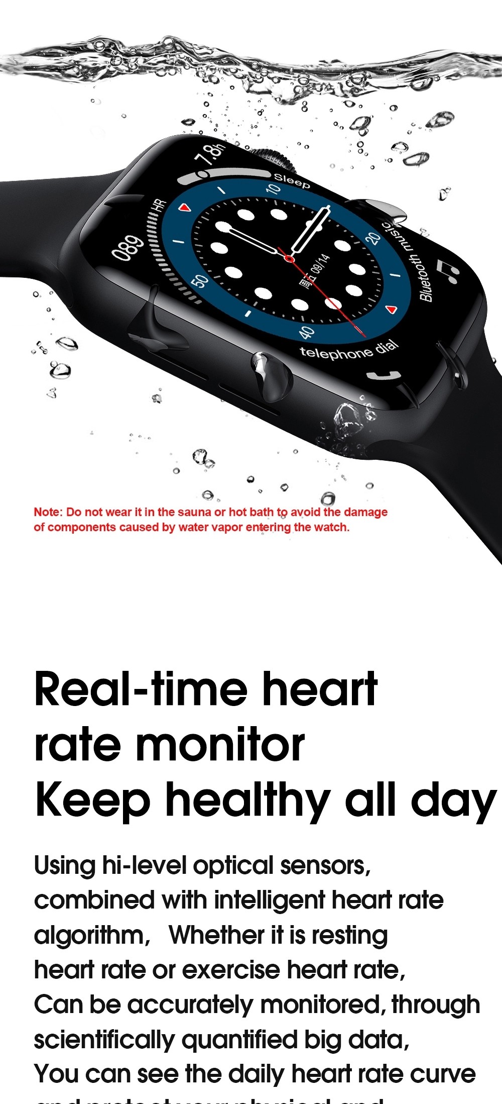 Wireless Charging IP68 1.75inch Waterproof Heart Rate Smartwatch