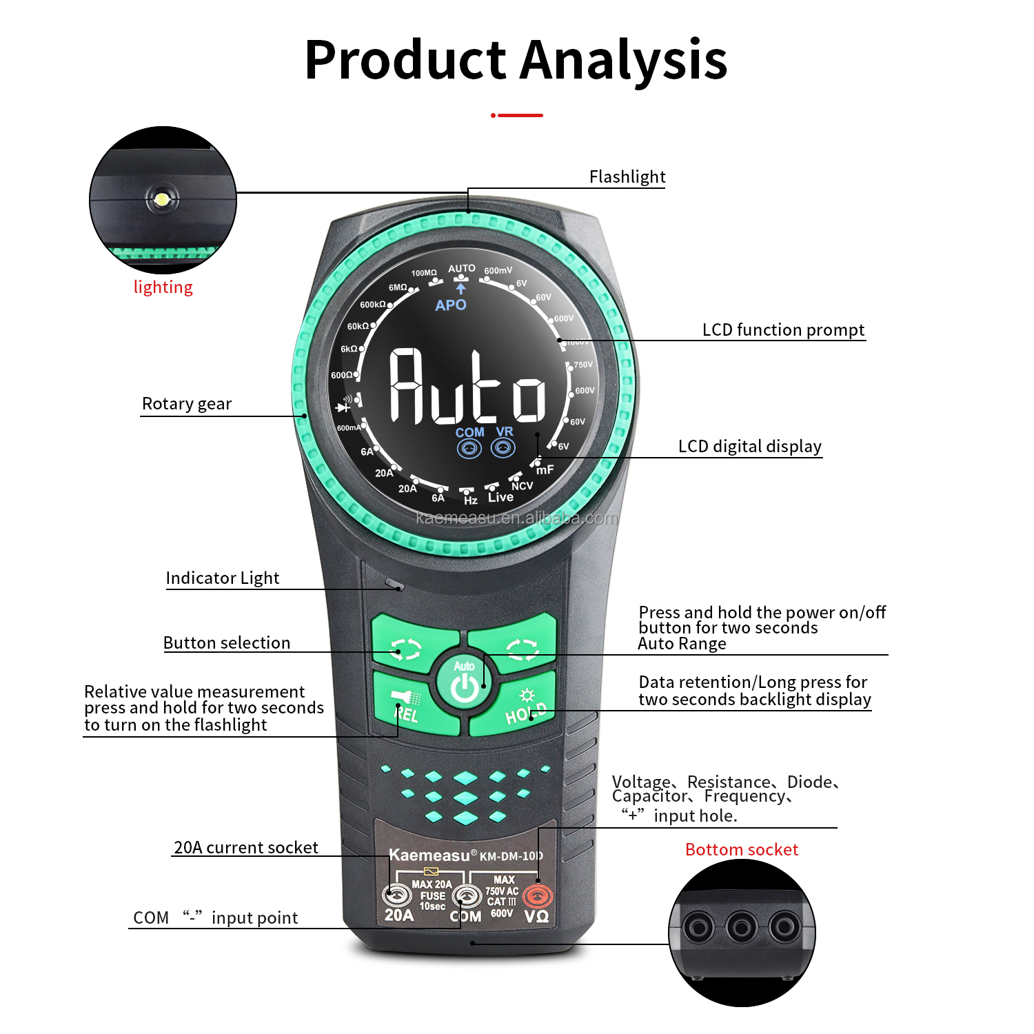 Smart Multimeter Voltage Meters Detector Multimetro Digital Multimeters Smart Rotary Knob -20-50C Max. DC Current 20mA