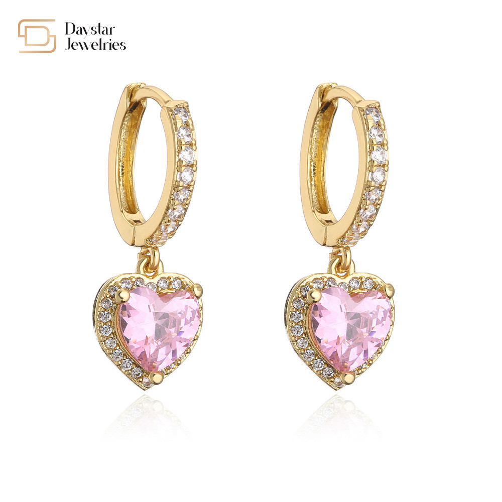 24k Gold Plated Diamond Brass Hoop Earrings , Zircon Crystal Heart Dangle Drop Earrings