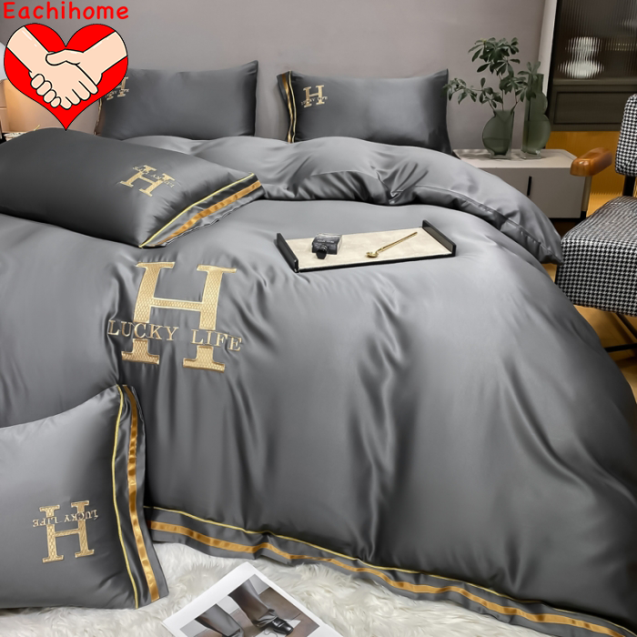 Customized HOT SEAL H Embroidered Washed Silk Four Pieces Bedding Set for All-Season
