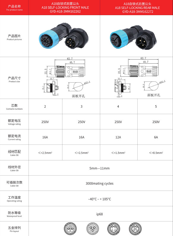 A18 Solar Panel Self Locking Male Female 3pin IP67 IP68 Molding Waterproof Extension Cable Connector For Power 20A
