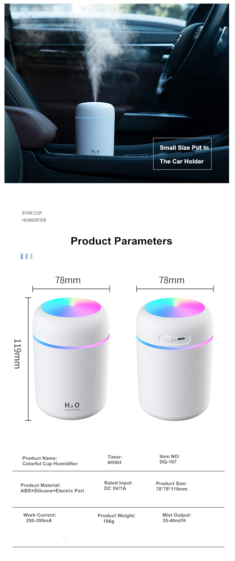 Humidificador Ultrasonic Portatil De 300 Ml Para Auto Difusores Sanitizante Humidificador