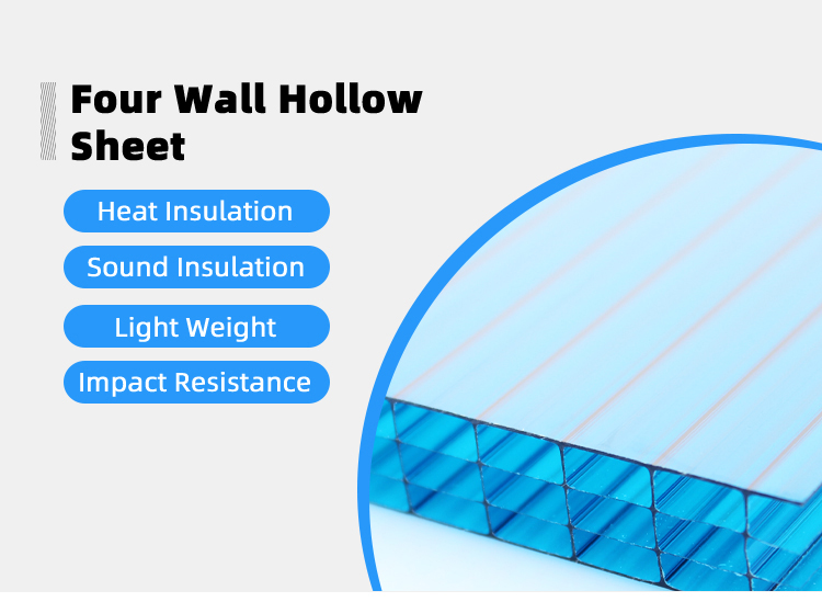PC Material Blue Color 16mm Multiwall Layer Four Wall Polycarbonate Hollow Sheet for Carport Polycarbonate Four Wall Hollow s