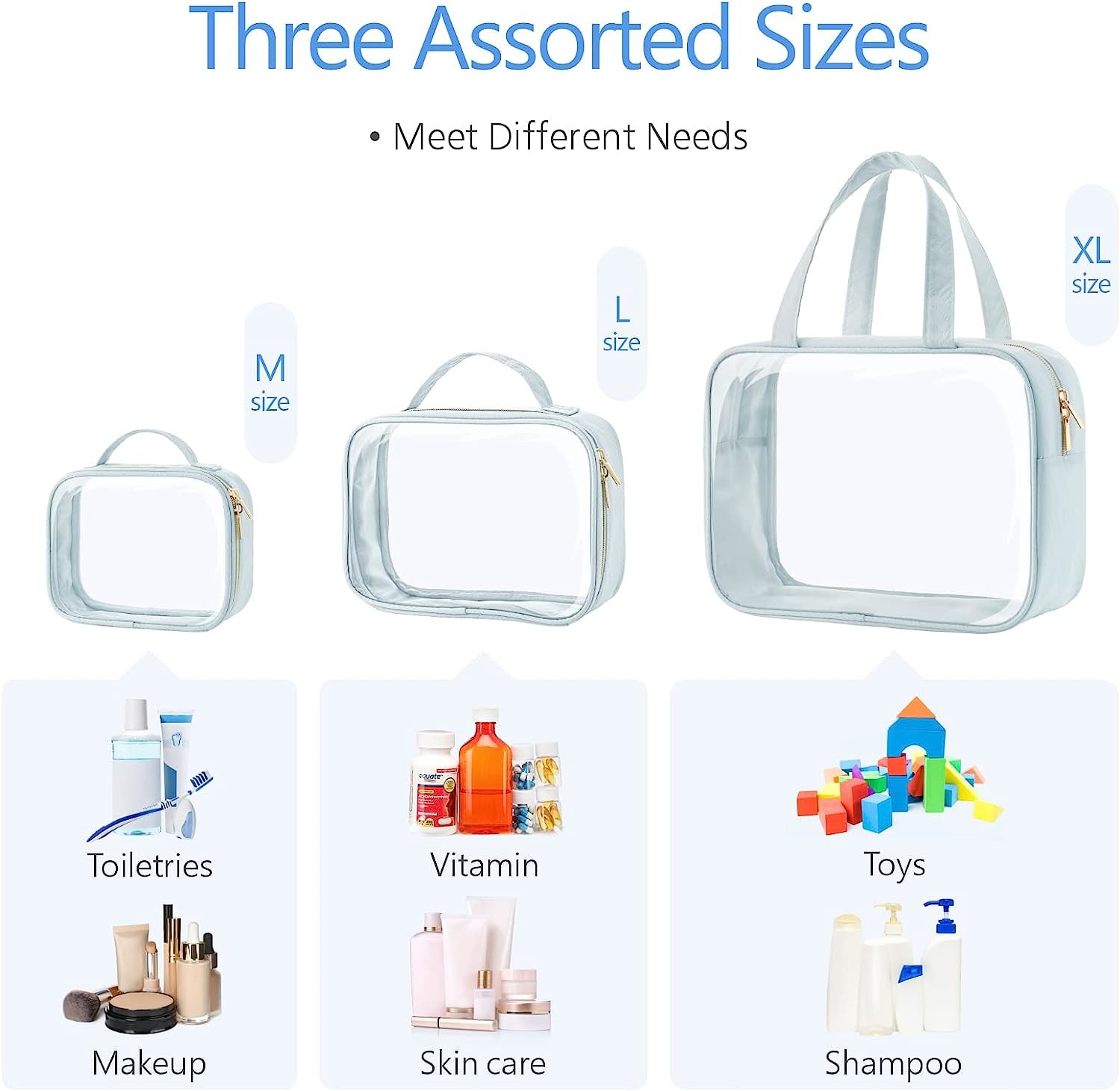 3 Pack Clear Makeup Bags With Handle Large Opening Waterproof Clear Cosmetic Bags