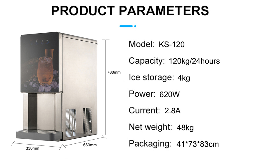 Embraco Compressor 120kg 24Hours Ice Cube Maker with Water Dispenser and Water Filter