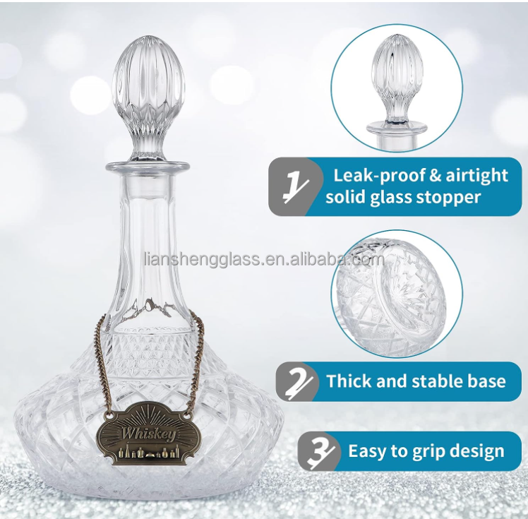 Whiskey Brandy Vodka Tequila Glass Bottle Decanter with Label and Leak Stopper Perfect