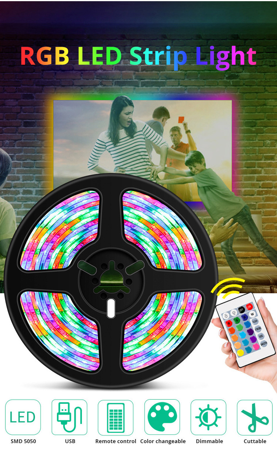 RGB 16.4ft WiFi Smart LED Light Strip 16 Million Colors 310LM with App Control and Music Sync