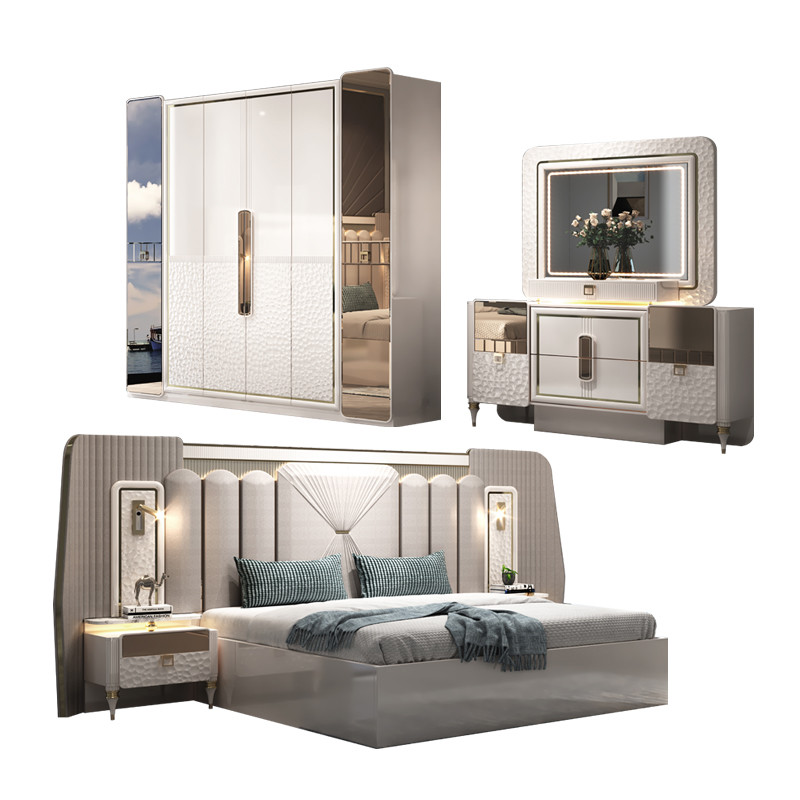 New Design Modern Lighted Headboard Wood King Size Bed Room Set Double Wooden Frame Full Luxury Home Furniture Bedroom Sets