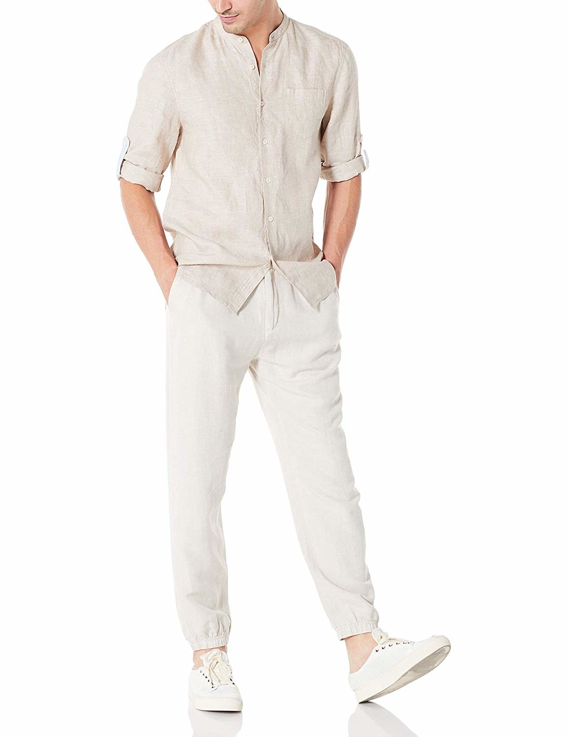 Woven Mens Slim Linen Band Collar Shirt Long Sleeve With Buttoned Cuffs
