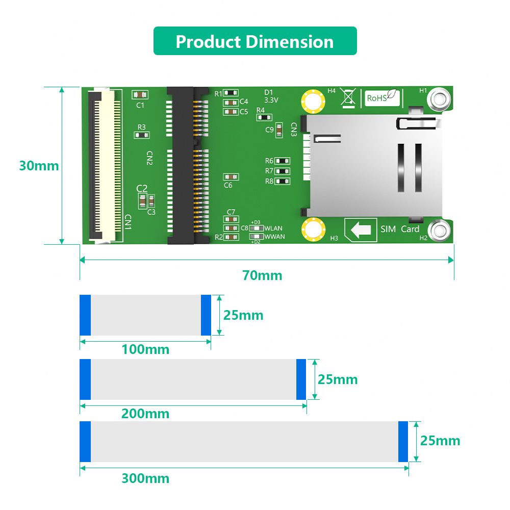 Mini PCI-E 52Pin To MPCIe Wireless Adapter Card With 1 SIM Slot FPC Cable For Test Wifi Module Or 3G 4G LTE WWAN Modem