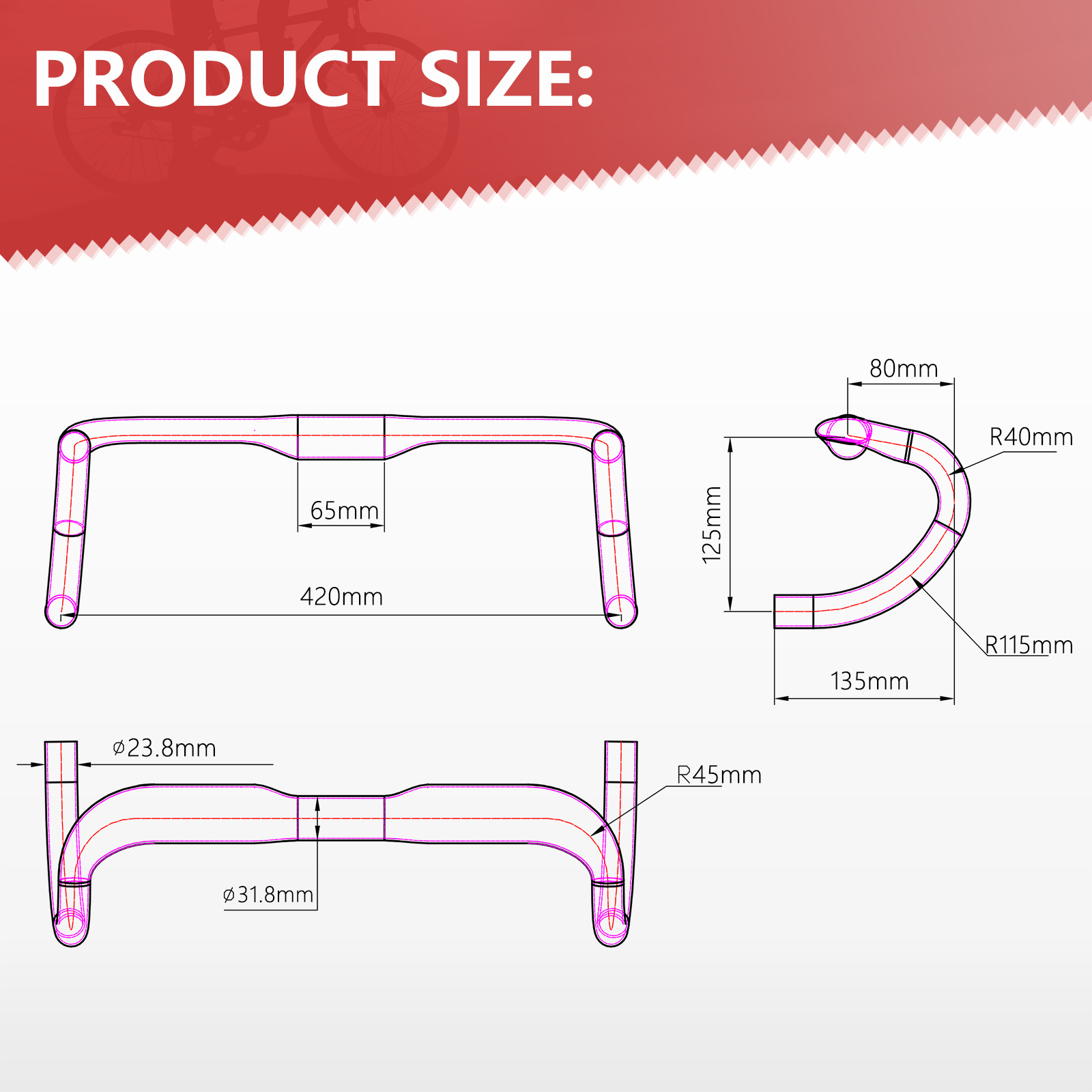 Aluminum Alloy Road Bike Handlebar 31.8 X 440mm CE certificate