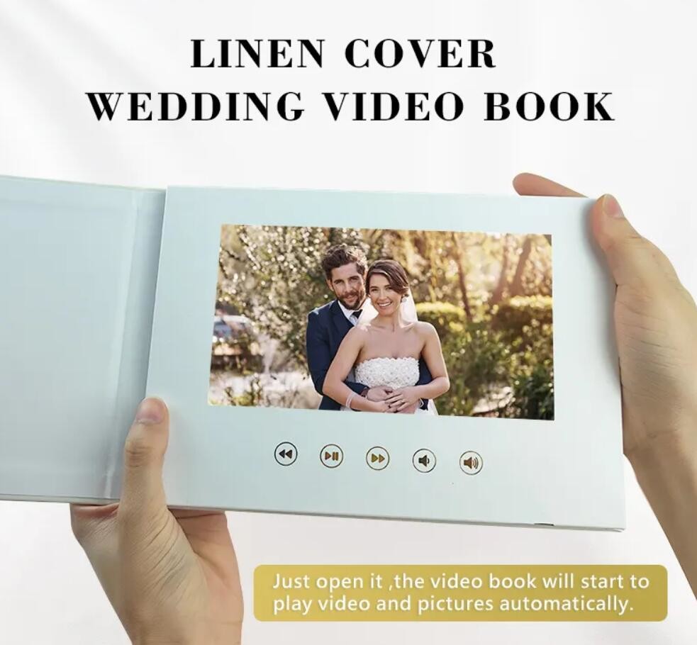 New material LCD video wedding invitation card linen video album with big promotion
