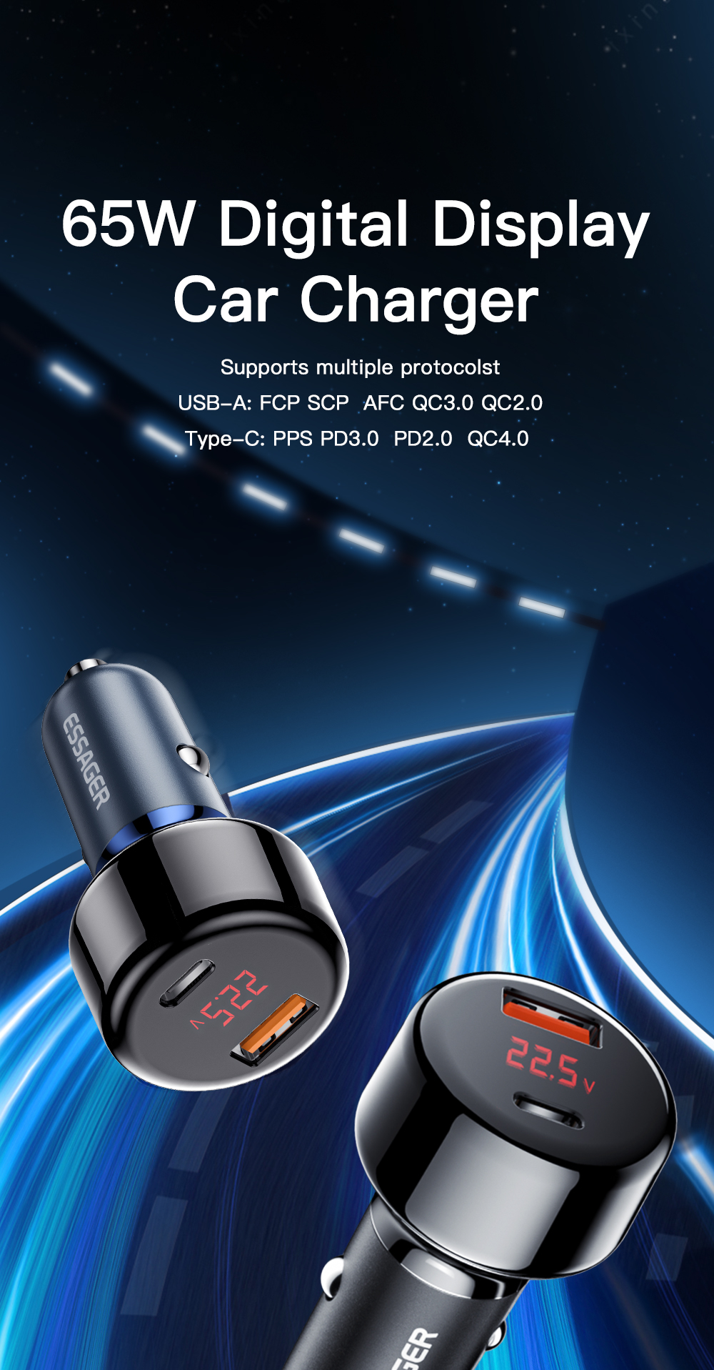 Essager 2022 Torch Phone Charging Fast Charge Dual 2 Port Usb Type C Pd Qc 3.0 Mini Adapter 65W Car Charger