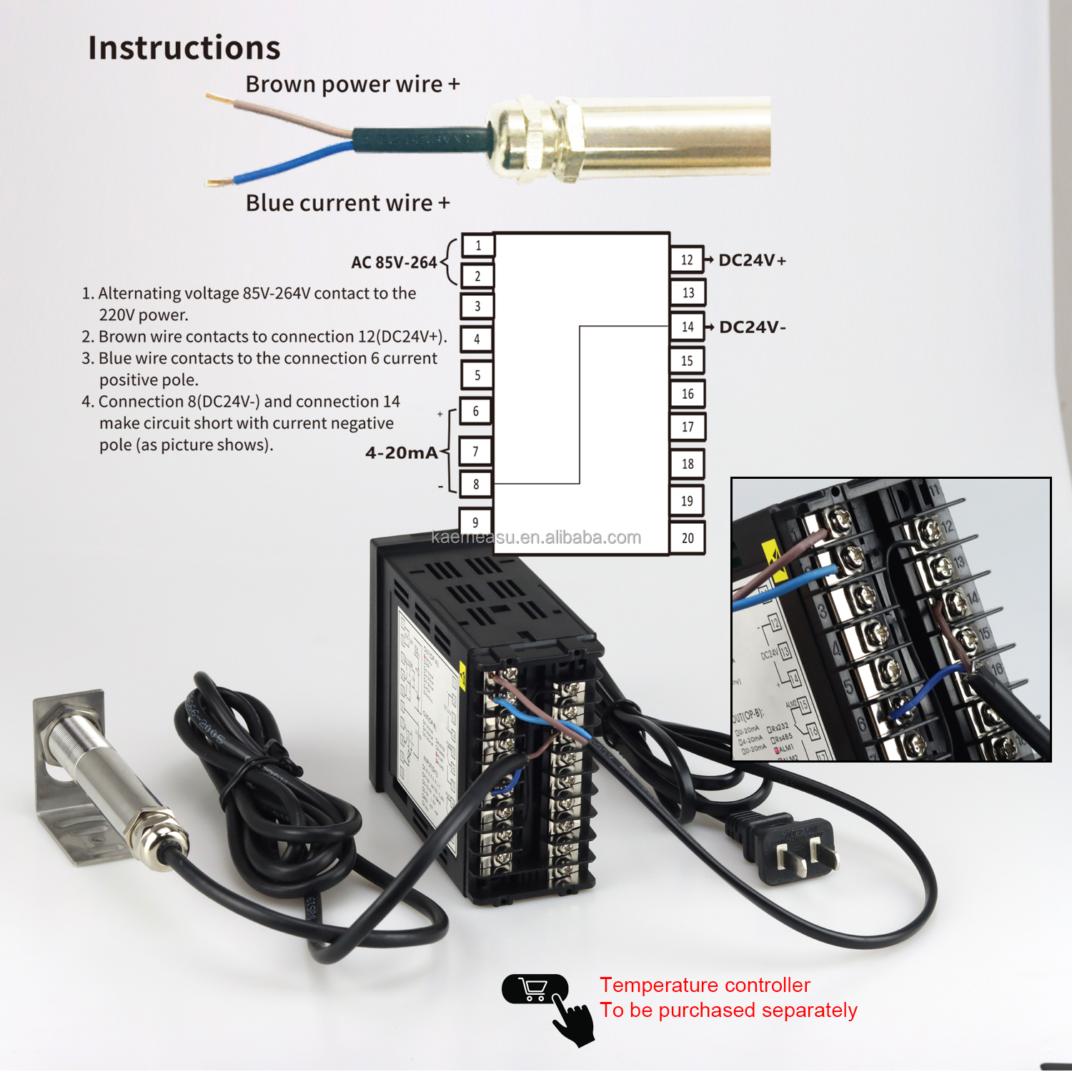 kaemeasu 304 Stainless Steel Infrared Temperature Sensor Non Contact Industrial Temperature Monitoring -20~300℃