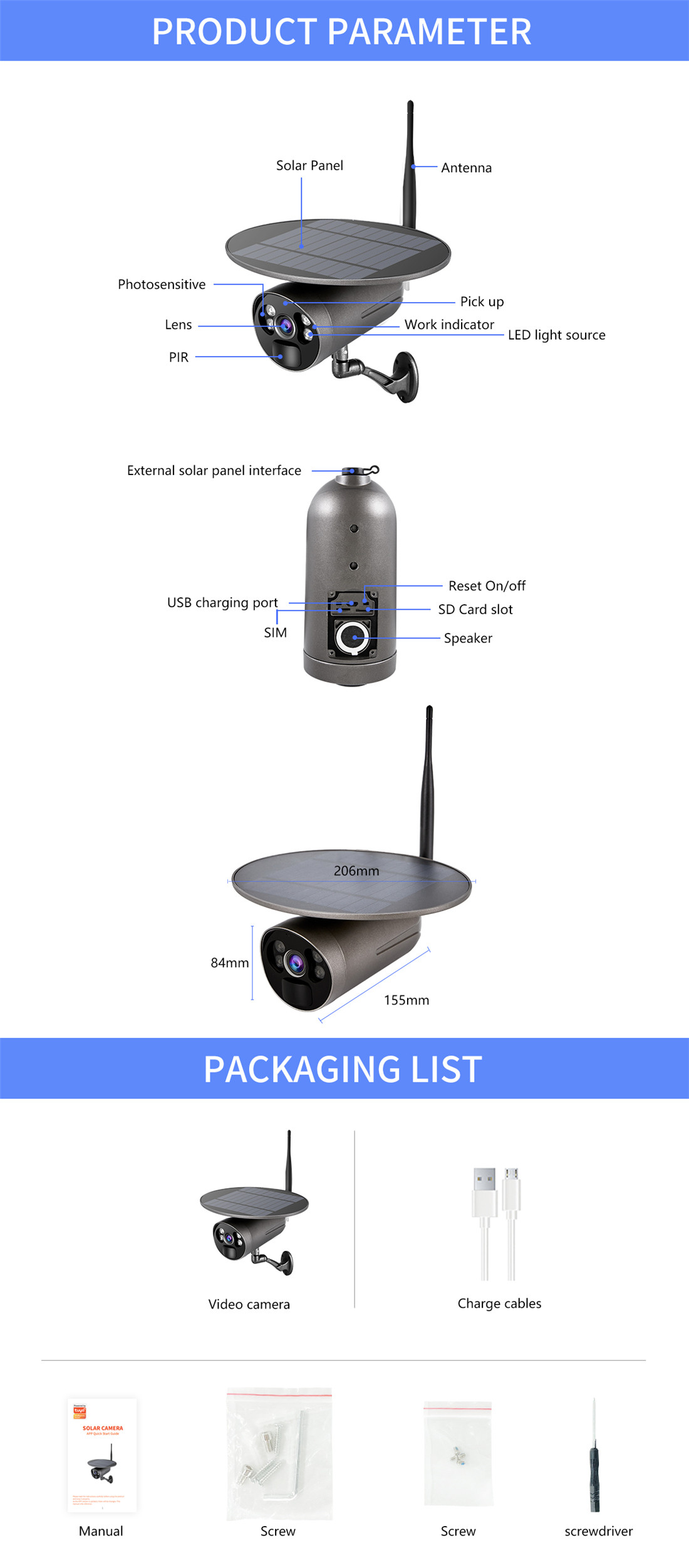 STG-3L Factory low price Outdoor Produced HD 1080P Smart Home Pir Detection Low Power Consumption Battery Solar Camera