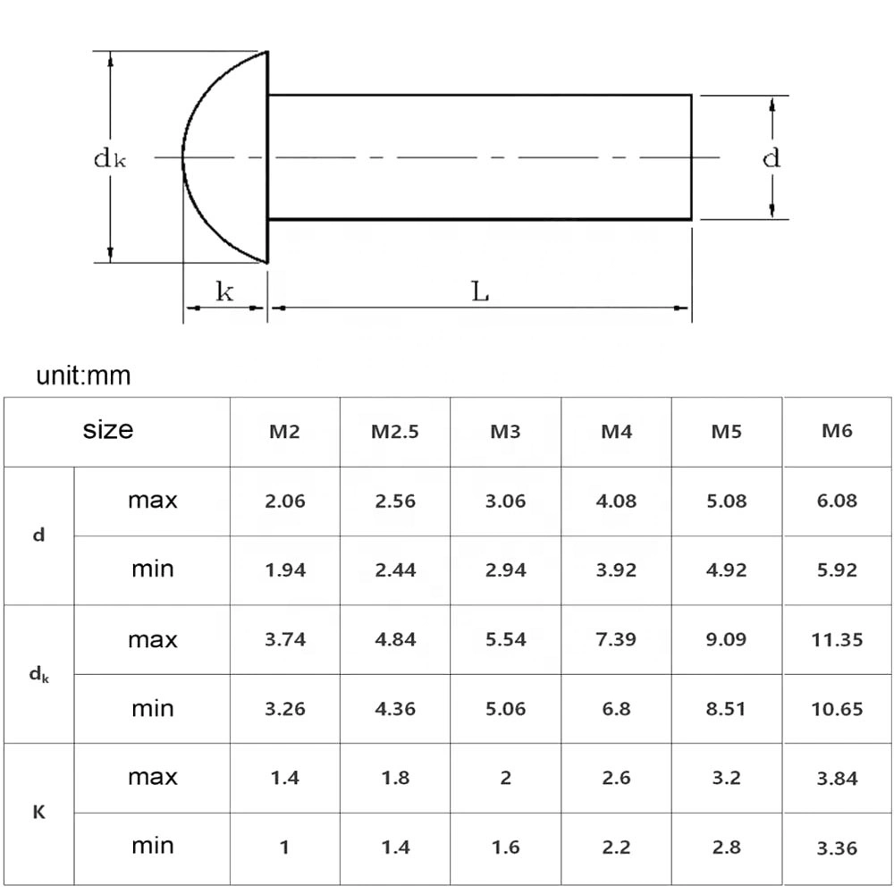 10/50PCS M0.8 M1 M1.2 M1.4 M1.6 M2 M2.5 M3 M4 M5 M6 A2-70 304 Stainless Steel Button Round Head Solid Rivet Self Plugging GB867
