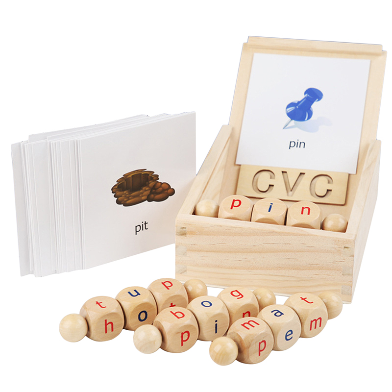 Montessori Wooden Reading Blocks Rotating Letter Spinning Alphabet Learning