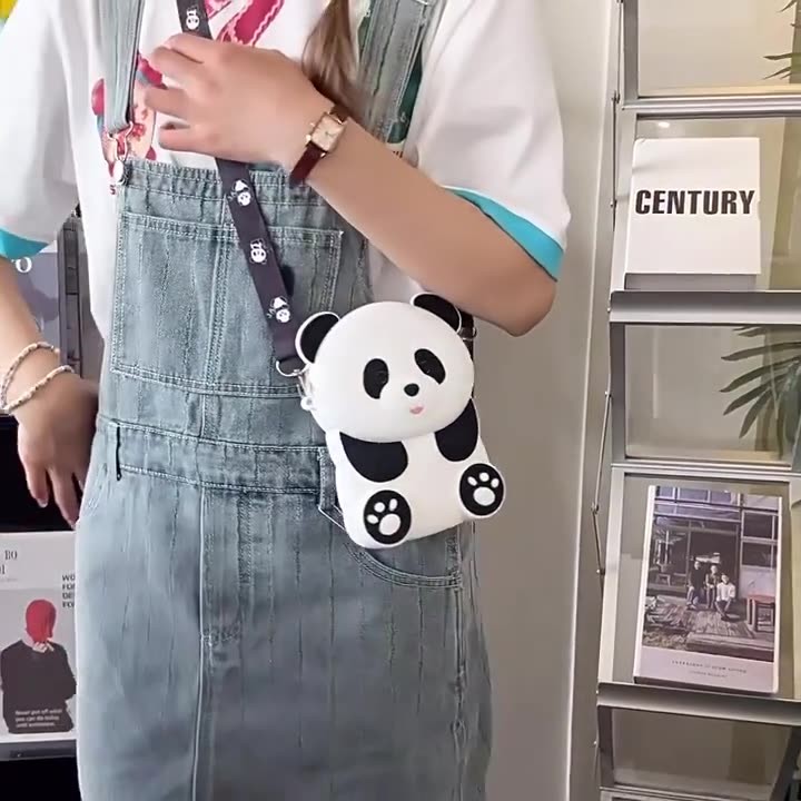 Panda Durable Compact Silicone Coin Bag With Zip Closure Crossbody Shoulder Bag Coin Wallet Bag School Office Supplies