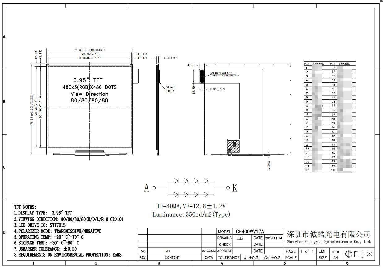 3.95 Inch TFT IPS LCD Screen ST7701S 480x480 350 Luminance FPC RTP